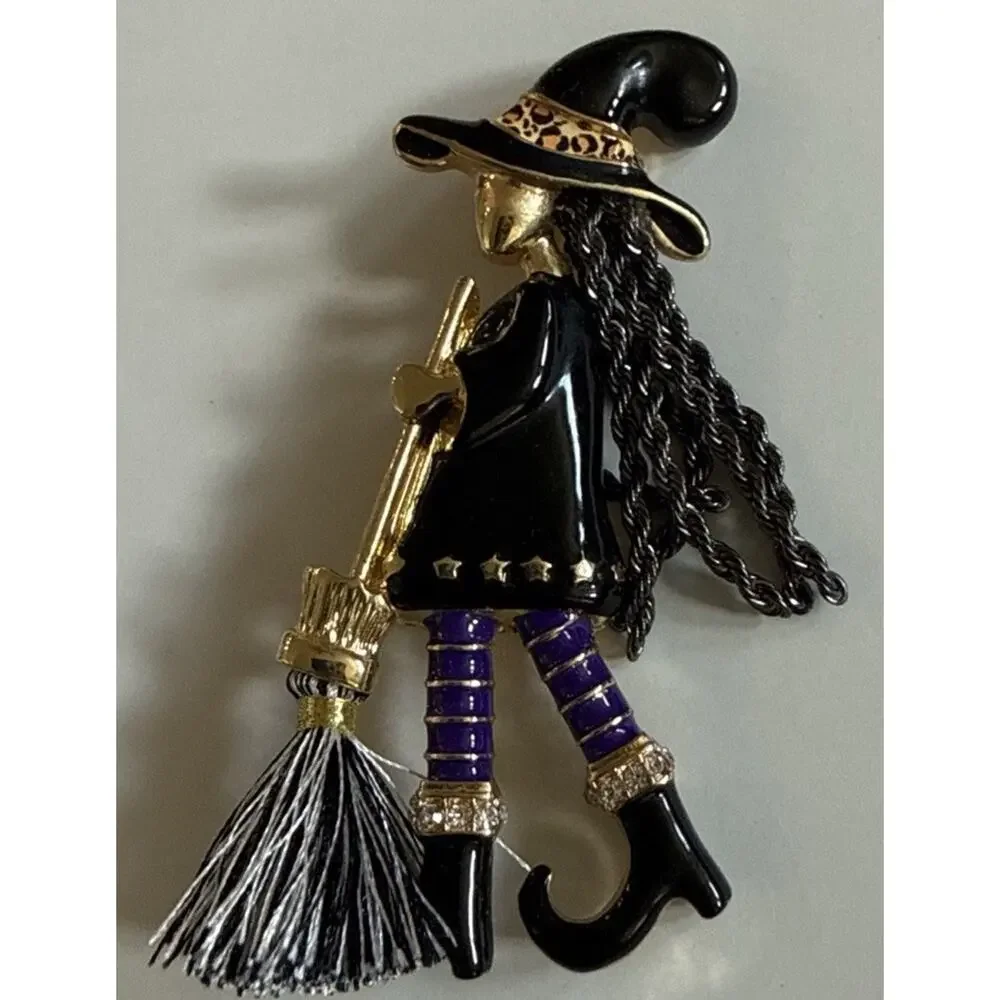 Funky Witch Brooch Pin Black Enamel Purple Rhinestone Broom Halloween Jewelry